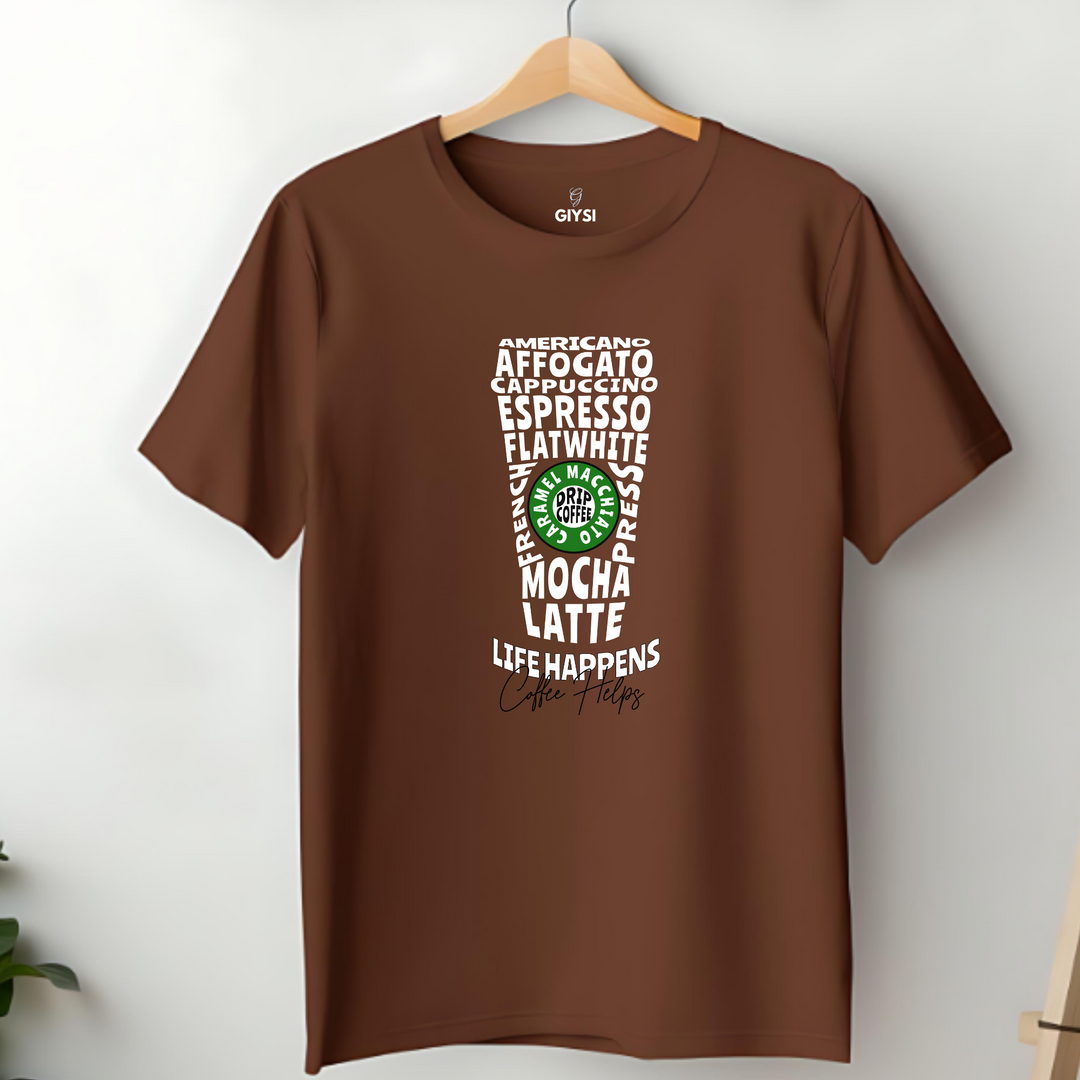 Brown Coffee Printed Round Neck Cotton T-shirt