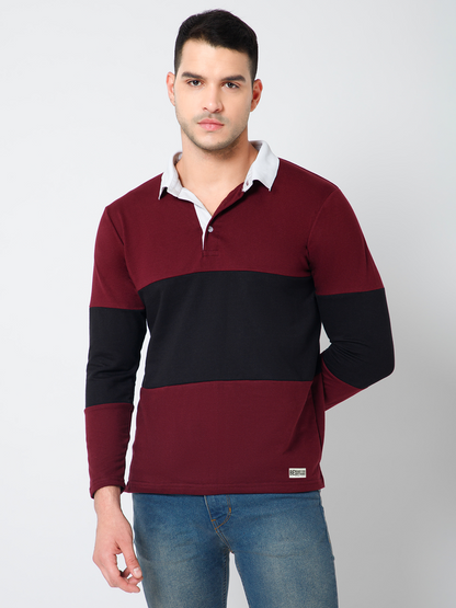 Full sleeves Wine Color Block Collar T-shirts