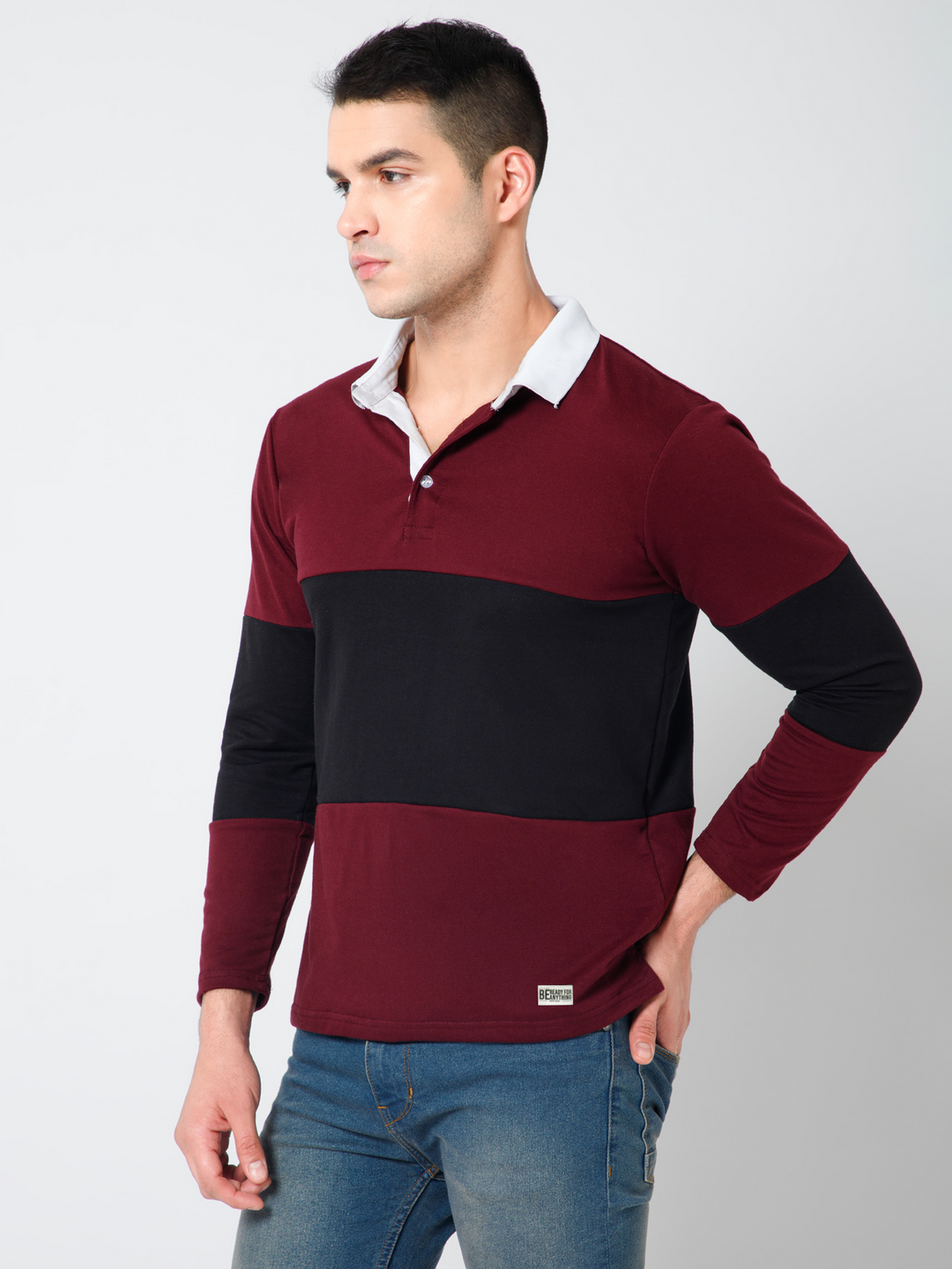 Full sleeves Wine Color Block Collar T-shirts