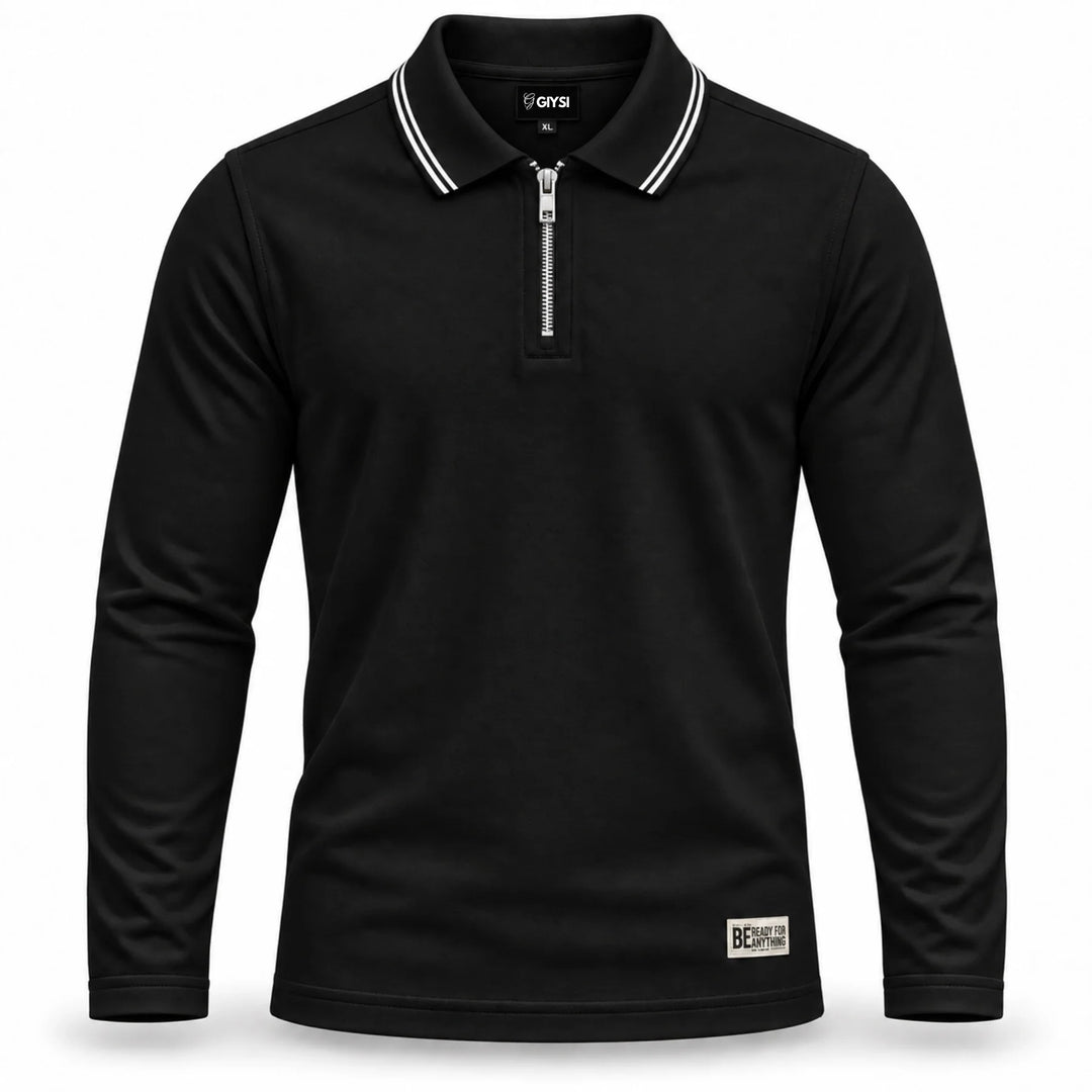 Black Cotton Zip Full Sleeve Polo T-Shirt