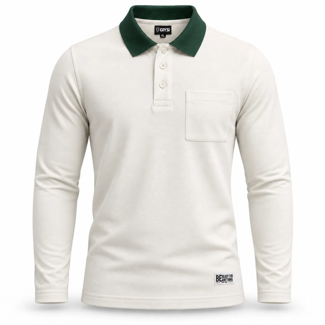 Ivory & Forest Green Cotton Pocket Full Sleeve Polo T-Shirt