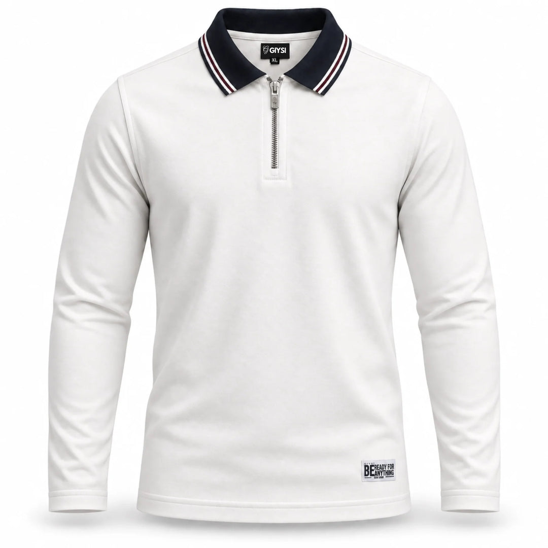White Cotton Contrast Collar Zip Full Sleeve Polo T-Shirt