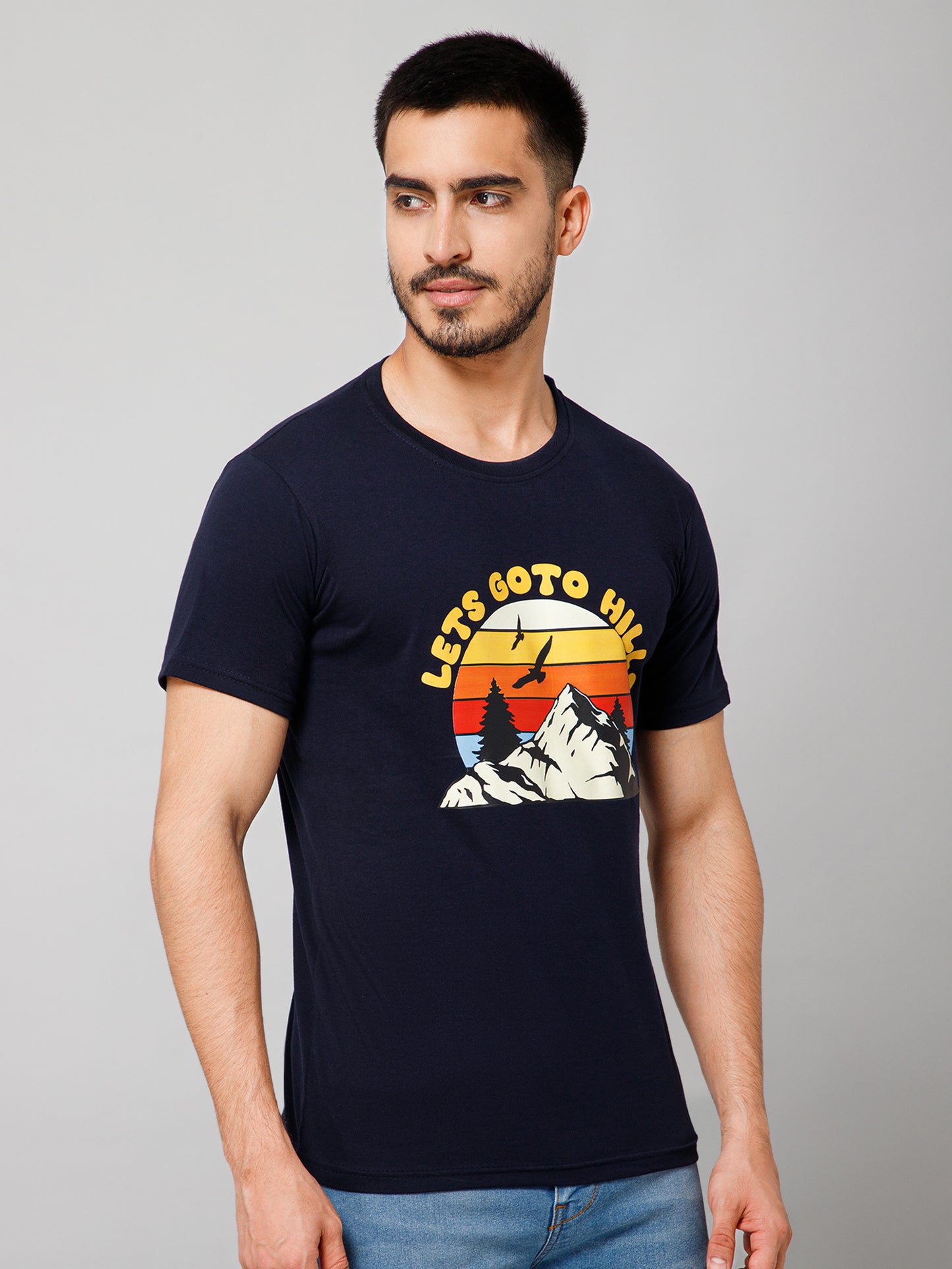Crew Neck Navy Printed T-shirt