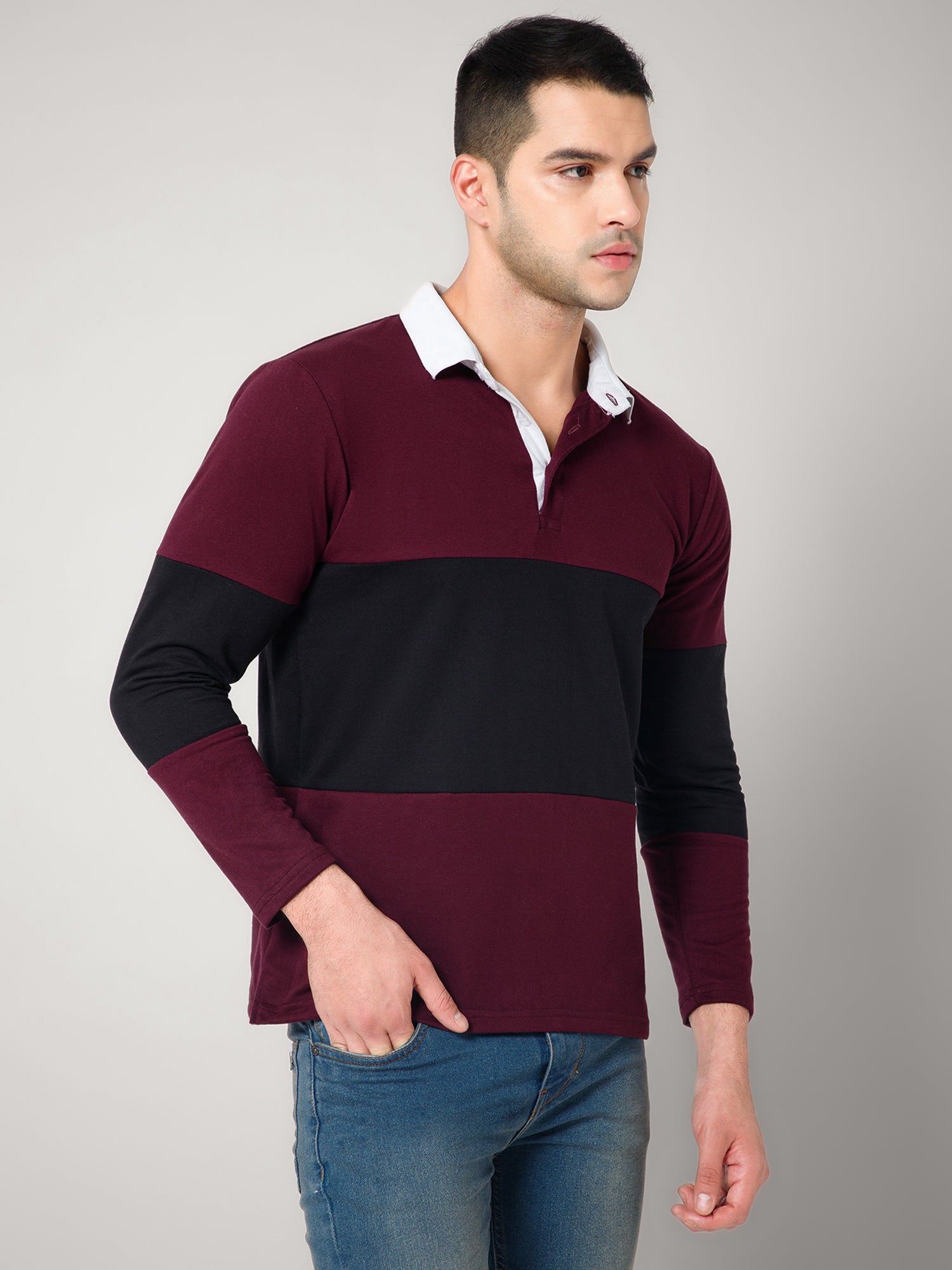 Full sleeves Wine Color Block Collar T-shirts – GIYSI