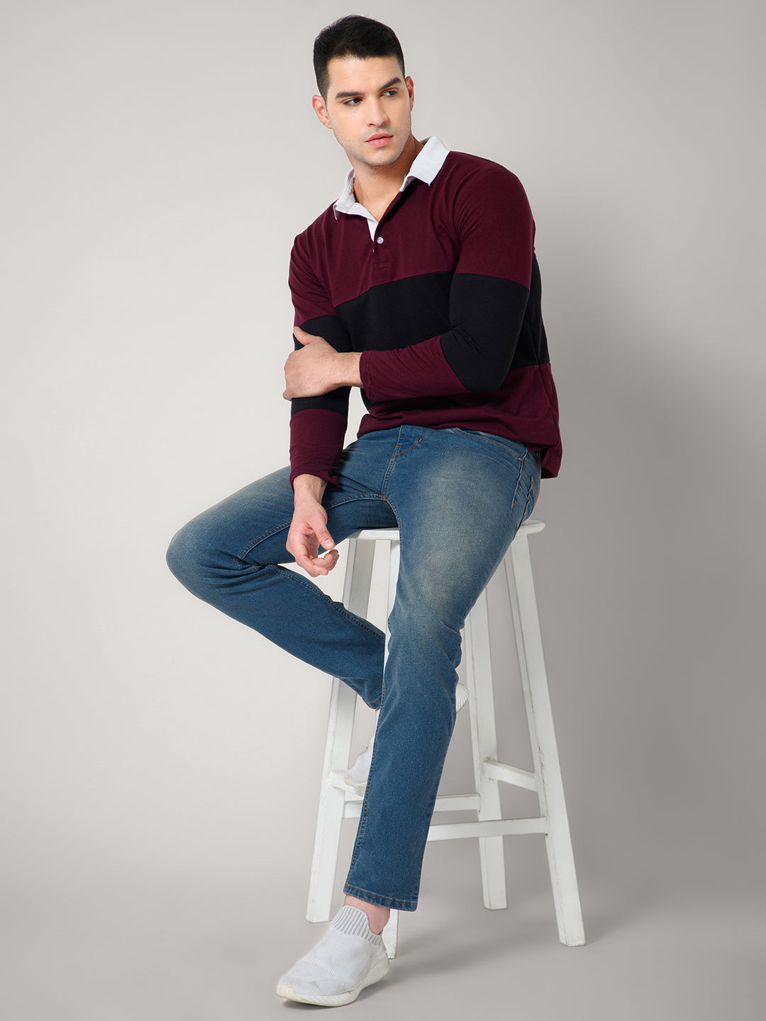 Full sleeves Wine Color Block Collar T-shirts