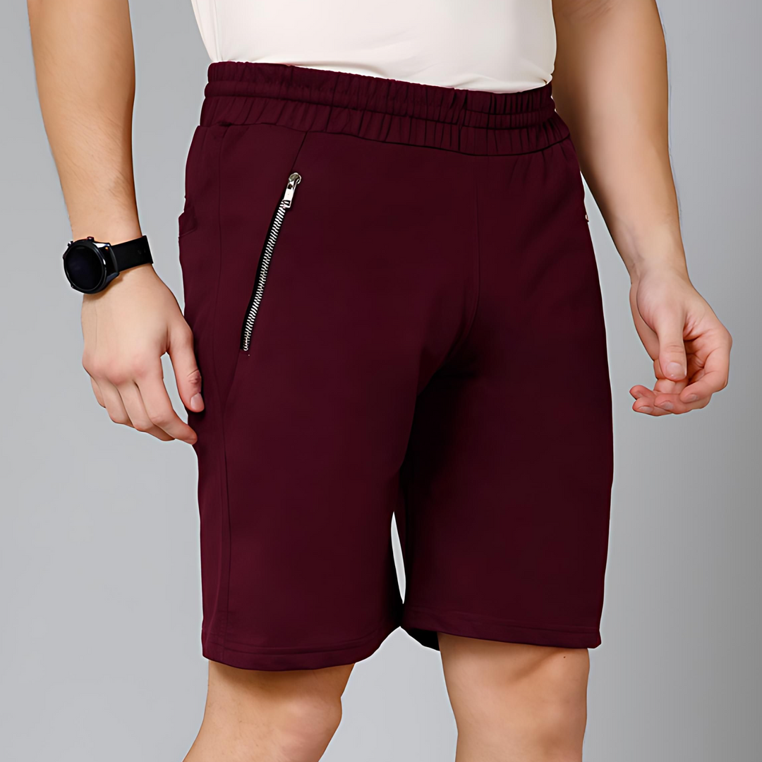 Maroon Zip Pocket Cotton Shorts