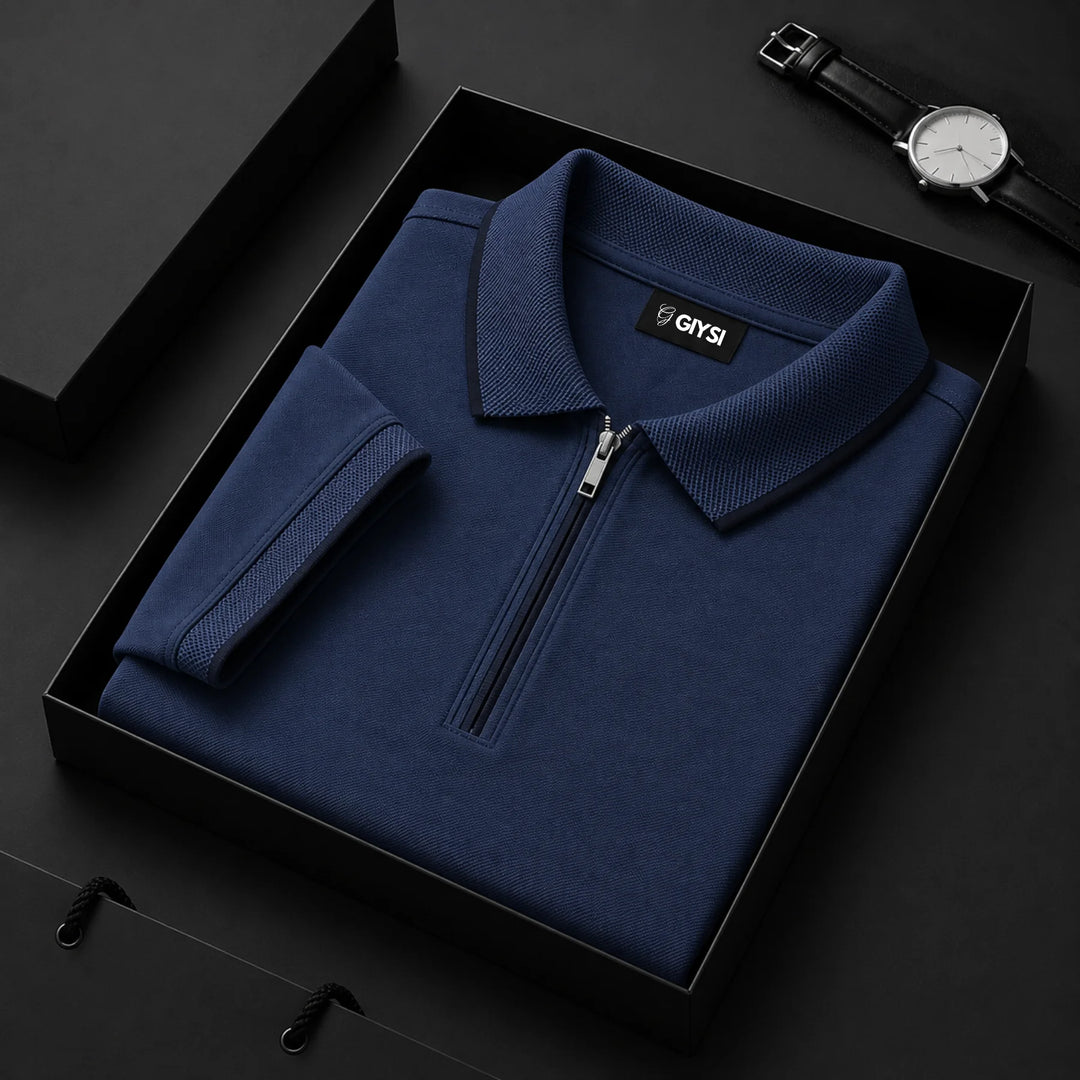 Cross Knit Navy Zip Polo T-shirt