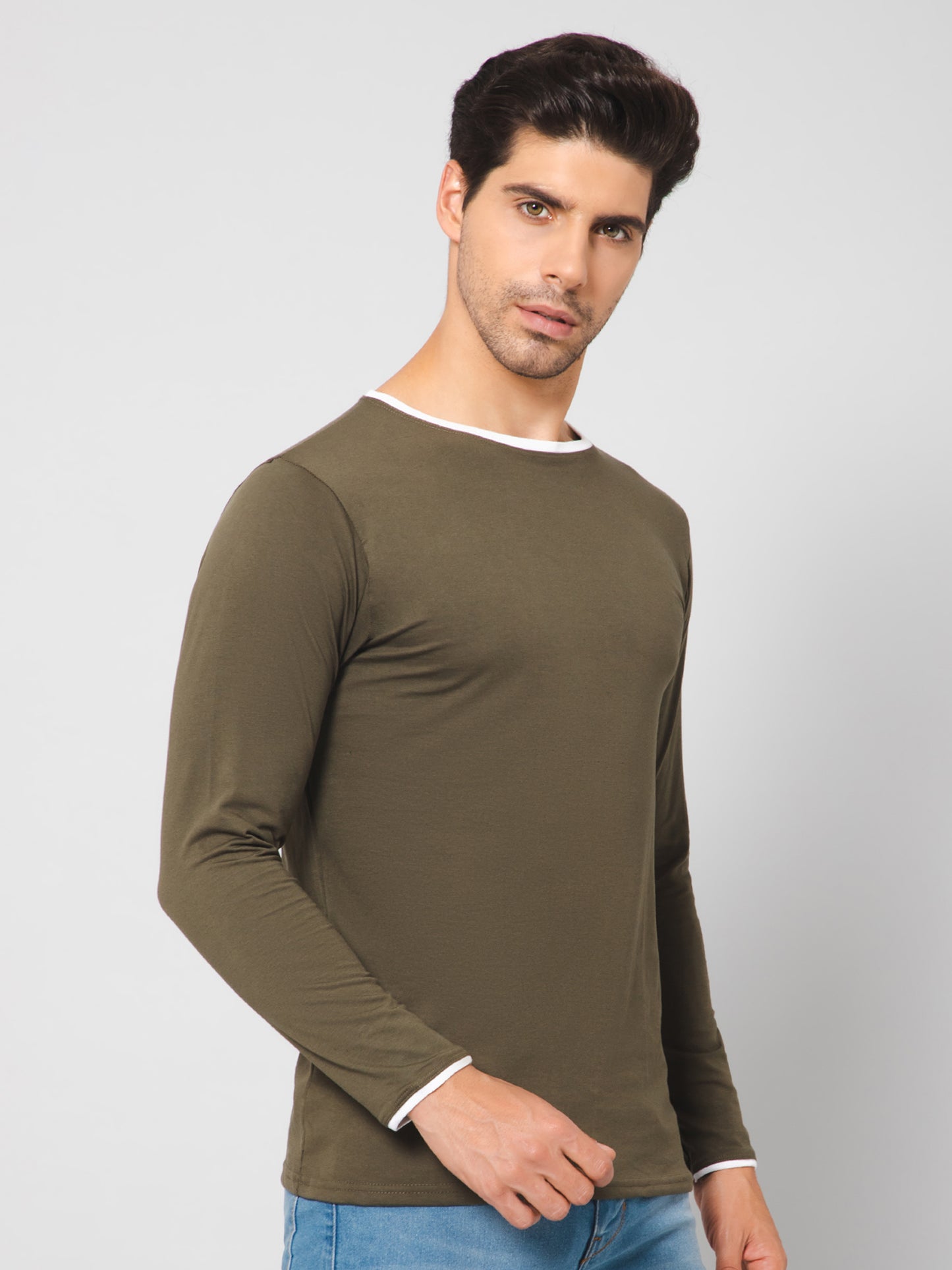 Cotton Olive Green Full Sleeves T-shirt